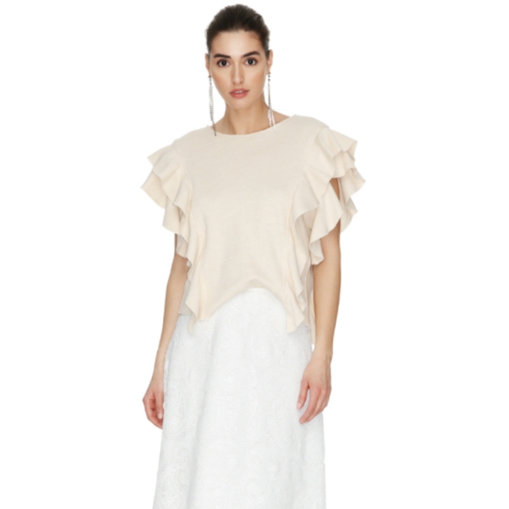 BCBG Off White Ribbed Blouse With Front & Back Ruffles